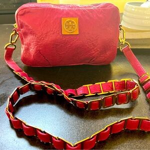 Tory Burch Pink Crossbody Bag with leather and gold link strap.